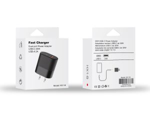 Fast Charger Dual port Power Adapter USB-C 30W USB-A 3A (BLACK)