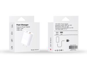 Fast Charger Dual Port Power Adapter USB-C 15W USB-A 3A (White)