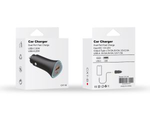 Car Charger Dual Port fast Charger USB-C 30W USB-A 20W (Black)