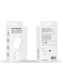 Fast Charger Dual Port Power Adapter USB-C 30W USB-A 3A USB-C To USB-C Cable (White)