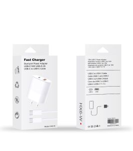 Fast Charger Dual Port Power Adapter USB-C 15W USB-A 3A USB-C To USB-C Cable (White)