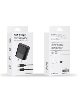 Fast Charger Dual Port Power Adapter USB-C 15W USB-A 3A USB-C To Lightning Cable (Black)