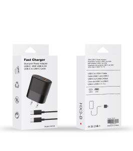 Fast Charger Dual Port Power Adapter USB-C 30W USB-A 3A USB-C To USB-C Cable (Black)