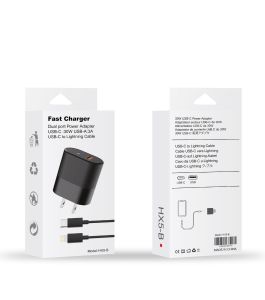 Fast Charger Dual Port Power Adapter USB-C 30W USB-A 3A USB-C To Lightning Cable (Black)