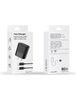 Fast Charger Dual Port Power Adapter USB-C 15W USB-A 3A USB-C To USB-C Cable (Black)