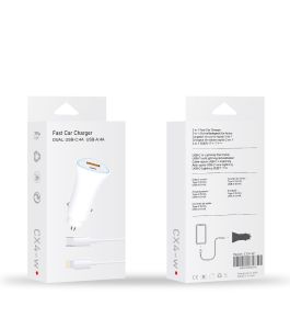 Fast Car Charger Dual USB-C 4A USB-A 4A Lightning Cable (White)