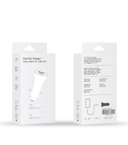 Fast Car Charger Dual USB-C 4A USB-A 4A USB-C Cable (White)