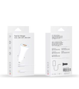 Fast Car Charger Dual USB-C 30W USB-A 20W Lightning Cable (White)