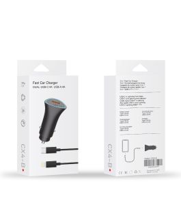 Fast Car Charger Dual USB-C 4A USB-A 4A Lightning Cable (Black)