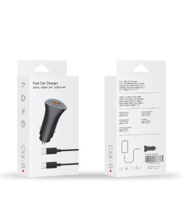 Fast Car Charger Dual USB-C 4A USB-A 4A USB-C Cable (Black)