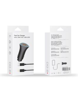 Fast Car Charger Dual USB-C 30W USB-A 20W Lightning Cable (Black)