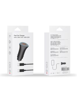 Fast Car Charger Dual USB-C 30W USB-A 20W USB-C Cable (Black)