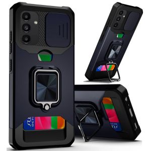 For Samsung A14 5G Multi-Functional Card Magnetic Ring Stand Hybrid Camera Case Cover - Blue