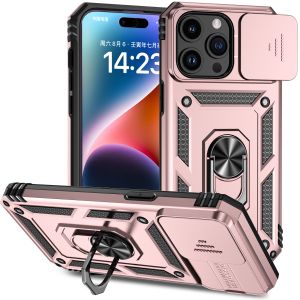 For iPhone 15 Well Protective Magentic Ring Stand Camera Protective Cover Case - Rose Gold