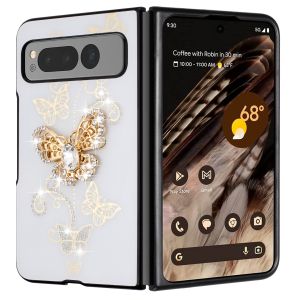 For Google Pixel Fold SPLENDID Diamond Glitter Ornaments Engraving Case Cover - Garden Butterflies White