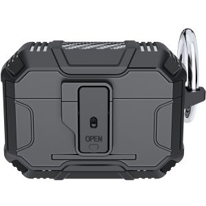 For AirPods Pro 3 2025 (3rd Version) Rugged ShockProof Hybrid With Open Button Metal Hook Case Cover - Black
