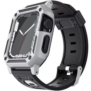 For Apple Watch Size 42/44/45mm Ultra 49mm Full Protection Tough Hybrid Watch Case + Band - Silver