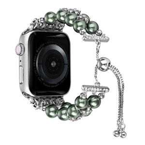 For Apple Watch Size Ultra 49/42/44/45mm Pearls Strand Beautiful Metal Watchband - Olive Green