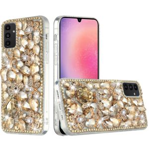 For Samsung Galaxy A25 5G Full Diamond with Ornaments Hard TPU Case Cover - Gold Panda Floral