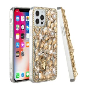 For Apple iPhone 14 PRO 6.1" Full Diamond with Ornaments Hard TPU Case Cover - Gold Panda Floral