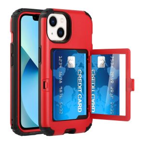 For iPhone 13 Pro Max Card Holder (Upto 2) with Mirror Hybrid Shockproof Case Cover - Red
