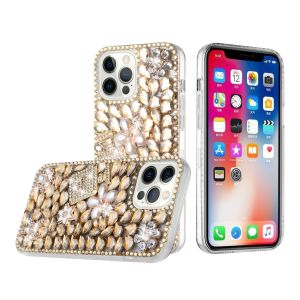 For iP15 Pro Max Full Diamond with Ornaments Case Cover - Pearl Flowers with Perfume Gold