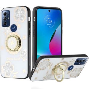 For Moto G Play 2023, G Pure, G Power (2022) SPLENDID Diamond Glitter Ornaments Engraving Case Cover - Good Luck Floral White