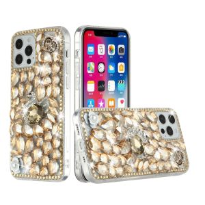 For iPhone 15 Pro Full Diamond with Ornaments Hard TPU Case Cover - Gold Swan Crown Pearl