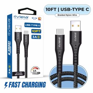 Premium Package - 10FT Fast Charging Cable [USB - Type C (PD)] Nylon Braided - Black w/ Black Shell (69)