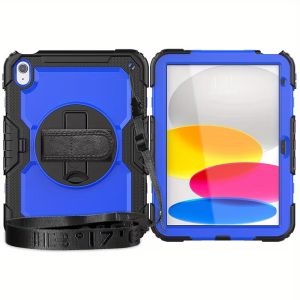 Durable Comfortable Silicon Protective Case with Convenient Shoulder Strap Rugged PC Material Cover for IPad Tablet 10.9 (10/11) - Blue PC + Black