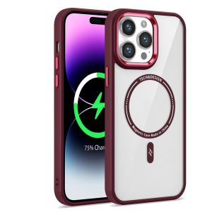 For iPhone 14 Pro Max Magnetic Circle Ring Transparent Premium Acrylic Case Cover with Metal Buttons & Camera Raised Lip - Burgundy