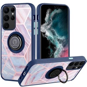 For Samsung S23 Unique IMD Design Magnetic Ring Stand Cover Case - Blue on Marble