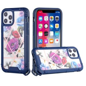 For iPhone 12 & iPhone 12 Pro (Open Camera Hole) Carbonara IMD Design Hybrid Case Cover - Blue with Flowers