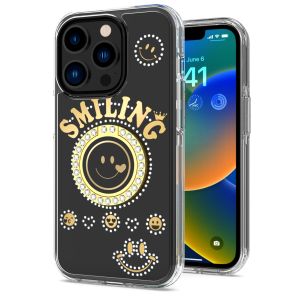 For iPhone 15 Pro Max / Ultra Smiling Glitter Ornament Bling With Ring Stand Hybrid Case Cover - Black