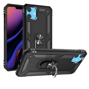 For iPhone 15 Pro Ring Magnetic Kickstand Hybrid Case Cover - Black