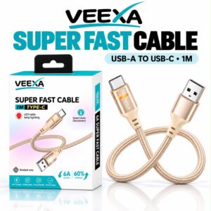 Veexa 1M Champagne Gold Woven With Led Indicator Usb- Tc 18W Super Fast Cable