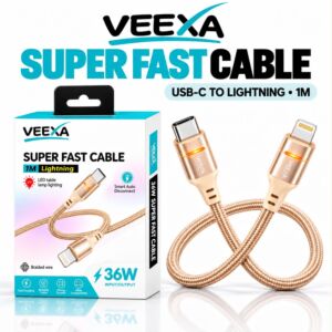 Veexa 1M Champagne Gold Woven With Led Indicator C-L 36W Super Fast Cable