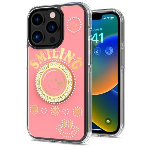 For iPhone 15 Pro Max / Ultra Smiling Glitter Ornament Bling With Ring Stand Hybrid Case Cover - Pink