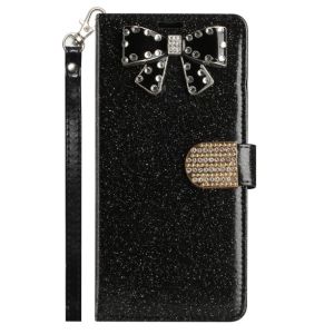 For Apple iPhone 14 6.1" Bow Glitter Ornament Shimmer Wallet Case with Lanyard - Black