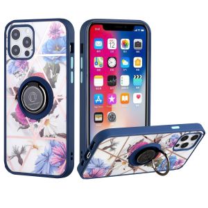 For iPhone 13 Pro Max Unique IMD Design Magnetic Ring Stand Cover Case - Flowers on Blue