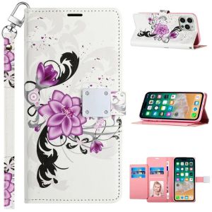For iPhone 15 Pro Design Wallet ID Credit Card Money Holder with Magnetic Metal Closure including Lanyard - Purple Lily