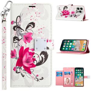 For iPhone 15 Pro Design Wallet ID Credit Card Money Holder with Magnetic Metal Closure including Lanyard - Rose Pink Floral
