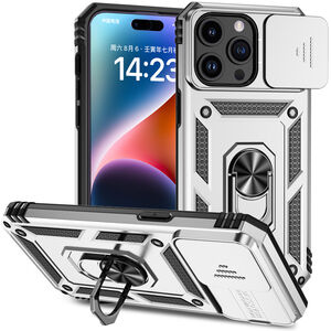 For iPhone 15 Well Protective Magentic Ring Stand Camera Protective Cover Case - Silver