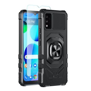 For TCL 30T Robotic Hybrid with Magnetic Ring Stand Case Cover+Tempered Glass - Black