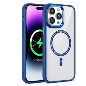 For iPhone 14 Pro Magnetic Circle Ring Transparent Premium Acrylic Case Cover with Metal Buttons & Camera Raised Lip - Navy Blue