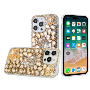 For iPhone 15 Pro Floral Full Diamond Bling Case Cover - Gold