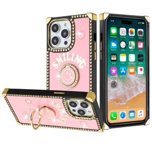 For Apple iPhone 14 PRO MAX 6.7" Passion Square Hearts Smiling Diamond Ring Stand Case Cover - Pink