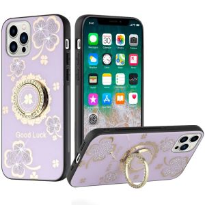For iPhone 15 Pro Max / Ultra SPLENDID Diamond Glitter Ornaments Engraving Case Cover - Good Luck Floral Purple