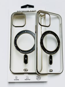 FOR APPLE IPHONE 14 PRO MAX MAGSAFE COMPATIBLE SMOKE TRANSPARENT CIRCLE DESIGN GOLD ACCENT PREMIUM CASE COVER - WHITE