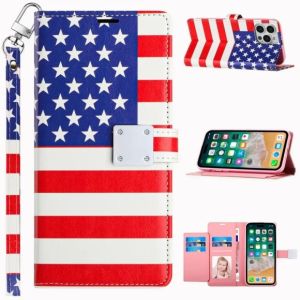 For iPhone 14 6.1" Design Wallet ID Credit Card Money Holder with Magnetic Metal Closure including Lanyard - American Flag